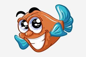 Divertido pez azul naranja sonriendo, diseño de ilustración de vector de dibujos animados de animales