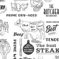 Hand drawn meat, steak, beef and pork, lamb seamless pattern vector