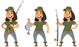 Fisherman in different poses. Female character in cartoon style. vector