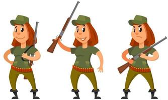 Hunter in different poses. Female character in cartoon style. vector