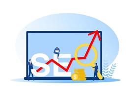 Businessman holding magnifying glass, mouse pointer or using laptop sit on analytics graph on the word SEO vector illustrator.