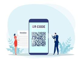 personas que usan un teléfono inteligente para pagar con escaneo de código qr vector