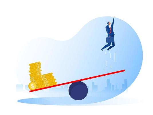 Businessman jumping on seesaw and money. Career progression and investment, idea. Business startup concept.