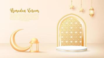 Fondo 3d de ramadan kareem con lámpara dorada y podio. vector