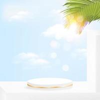 Minimal geometric podium with sky background and palm leaves. vector