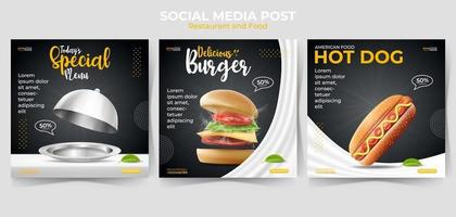 conjunto de plantilla de banner cuadrado mínimo editable. Publicaciones de alimentos o culinarias en redes sociales y anuncios web en Internet. vector de ilustración con hamburguesa realista, hot dog.