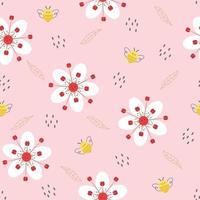 Seamless pattern with pretty flowers and bees. vector