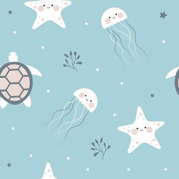 en el patrón sin fisuras del océano profundo con lindas estrellas de mar, medusas y tortugas vector