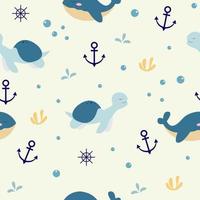 Seamless pattern with cute turtle and whale vector