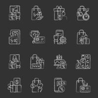 Loyalty program chalk white icons set on black background vector