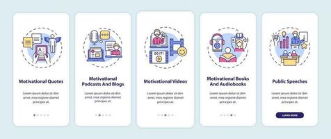 Motivational content sources onboarding mobile app page screen with concepts vector