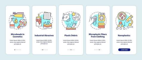 Microplastics sources and types onboarding mobile app page screen with concepts vector