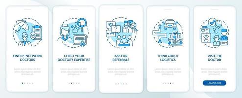 Choosing primary care doctor tips blue onboarding mobile app page screen with concepts vector