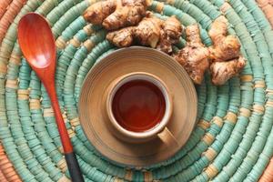 Top view of ginger tea on blue place mat photo
