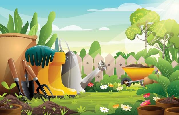 Garden with Gardening Tools Background Concept