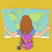 Teenage girl carrying a heavy backpack examining a map vector