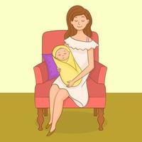 Mama holds her little baby in her arms, sitting in a cozy armchair. vector