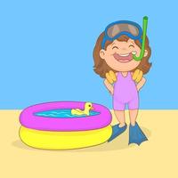 Little girl next to an inflatable pool enjoying the summer vector