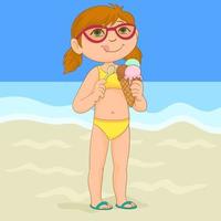 Little girl on the beach enjoying a delicious ice cream vector