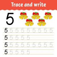 Learn Number 5. Trace and write. Winter theme. Handwriting practice. Learning numbers for kids. Education developing worksheet. Color activity page. Isolated vector illustration in cute cartoon style.