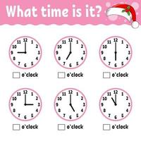 Learning time on the clock. Winter theme. Educational activity worksheet for kids and toddlers. Game for children. Simple flat isolated color vector illustration in cute cartoon style.