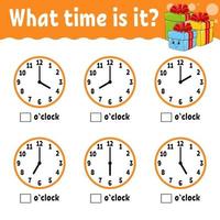 Learning time on the clock. Winter theme. Educational activity worksheet for kids and toddlers. Game for children. Simple flat isolated color vector illustration in cute cartoon style.