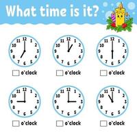 Learning time on the clock. Winter theme. Educational activity worksheet for kids and toddlers. Game for children. Simple flat isolated color vector illustration in cute cartoon style.