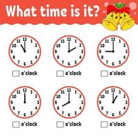 Learning time on the clock. Winter theme. Educational activity worksheet for kids and toddlers. Game for children. Simple flat isolated color vector illustration in cute cartoon style.