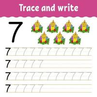 Learn Number 7. Trace and write. Winter theme. Handwriting practice. Learning numbers for kids. Education developing worksheet. Color activity page. Isolated vector illustration in cute cartoon style.