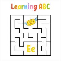 Square maze. Game for kids. Quadrate labyrinth. Education worksheet. Activity page. Learning English alphabet. Cartoon style. Find the right way. Color vector illustration.