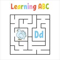 Square maze. Game for kids. Quadrate labyrinth. Education worksheet. Activity page. Learning English alphabet. Cartoon style. Find the right way. Color vector illustration.