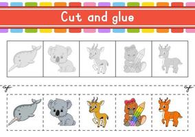 Cut and play. Paper game with glue. Flash cards. Education worksheet. Activity page. Scissors practice. Isolated vector illustration. Cartoon style.