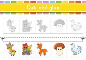 Cut and play. Paper game with glue. Flash cards. Education worksheet. Activity page. Scissors practice. Isolated vector illustration. Cartoon style.