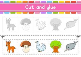 Cut and play. Paper game with glue. Flash cards. Education worksheet. Activity page. Scissors practice. Isolated vector illustration. Cartoon style.