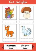 Cut and glue. Game for kids. Learn English words. Education developing worksheet. Color activity page. Cartoon character. vector