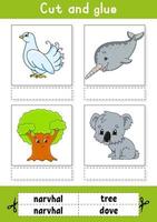 Cut and glue. Game for kids. Learn English words. Education developing worksheet. Color activity page. Cartoon character. vector