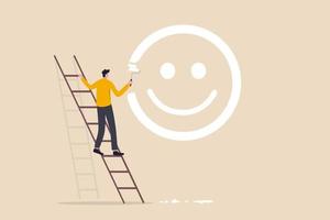 Happiness and positive thinking, optimism or motivation to live happy life concept, happy boy climb up ladder to paint smile face on the wall. vector