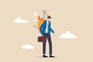 Employee burn out, exhausted from overworked or overload task, mental problem or stressful from too much workload concept, depressed businessman office worker with fire burn on his head and suit. vector