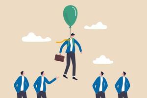 Innovation or stand out skill to different from others, success leader with winning strategy concept, smart businessman flying with balloon suit over other competitor or recruiting candidates. vector