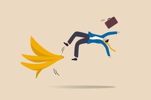 Business mistake or accident, insurance, disaster suddenly happened without warning or risk and danger in investment concept, businessman running and slipping with big banana peels on the ground. vector