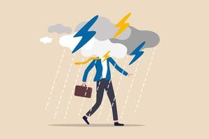 Business problem, obstacle or risk to overcome and succeed, insurance or catastrophe and disaster business day concept, depressed businessman walking with cloudy thunderstorm and rainy around his face vector