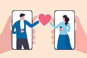 aplicación móvil de citas en línea, utilizando el servicio de citas digitales para encontrar un amante o concepto de relación, una pareja joven de hombre y una mujer milenarios que utilizan la aplicación de teléfono inteligente y tienen un corazón romántico. vector