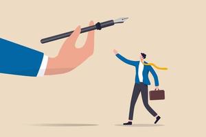 Career opportunity, job promote, giving power or strength to employee to make decision or empower and courage for leadership concept, big hand giving fountain pen to smart confidence businessman. vector