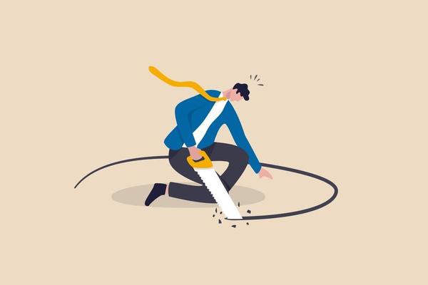 Business or financial mistake, wrong decision or stupidity make problem and situation worst concept, foolish frustrated businessman sawing the floor to self sabotage or make himself fall with failure.