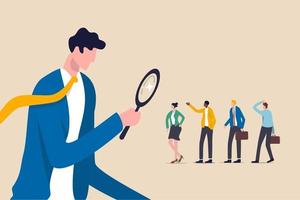 Searching the best candidate or job, Human resources, head hunt, choosing talent for job vacancy or company recruitment concept, employer boss or HR use magnifying glass to choose job interview people vector