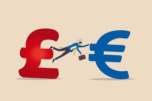 Unfinished, no deal or hard Brexit, negotiation or agreement fail by government of UK United Kingdom to leave EU European Union concept, businessman try hard to hold on UK Pound and Euro money sign. vector