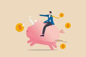 Financial, business opportunity to success in red ocean competitors or winner mutual fund or stock invest concept, businessman investor riding pink piggy bank with unicorn horn and dollar money coins. vector