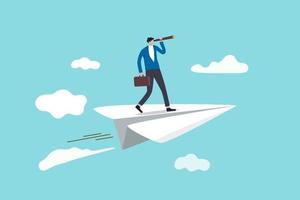 Business vision to see opportunity or strategy, discovery or visionary to look forward in business concept, confidence businessman leader on flying high paper plane looking forward through telescope. vector