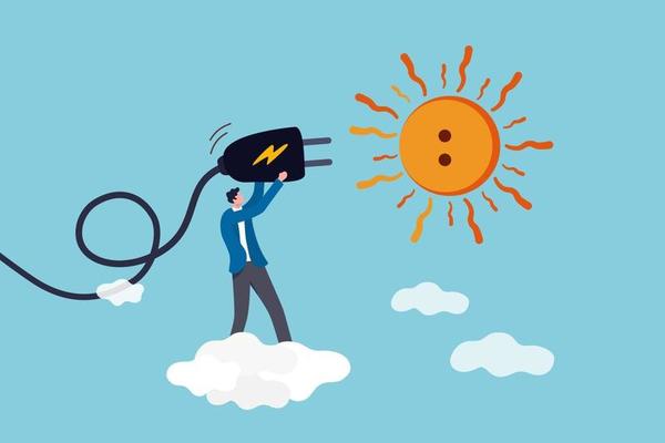 Solar sunlight energy, ecology natural power and energy to save the world concept, engineer solar technology worker holding electric plug to plug into the sun idea to get sustainable electricity.