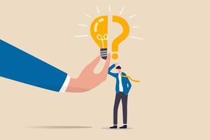 Business problem, idea, decision making and solution, job and career path concept, confusing businessman stand with question mark sign then helping hand put half of lightbulb lamp for bright solution. vector